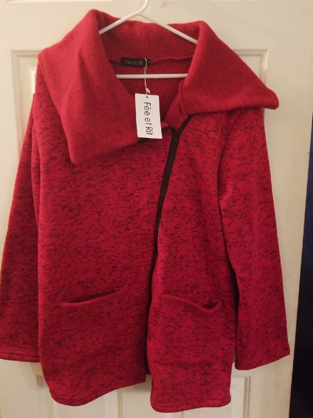 NWT Fée et Rit Asymmetrical Zip Jacket Red Black Marl Oversized Collar Size 8